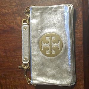Tory Burch metallic gold clutch